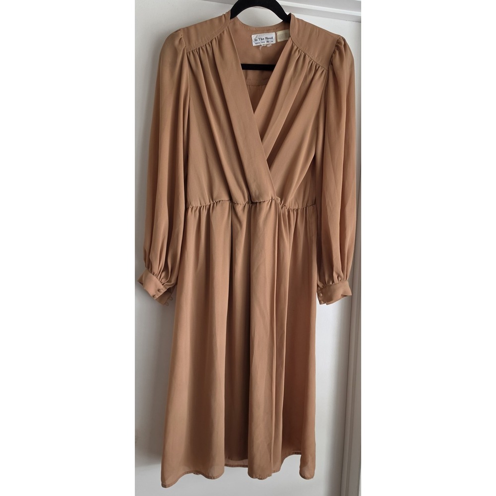In The Mood London Paris New York Vintage Dress - Brown Wrap V-Neck -‎ Size 6